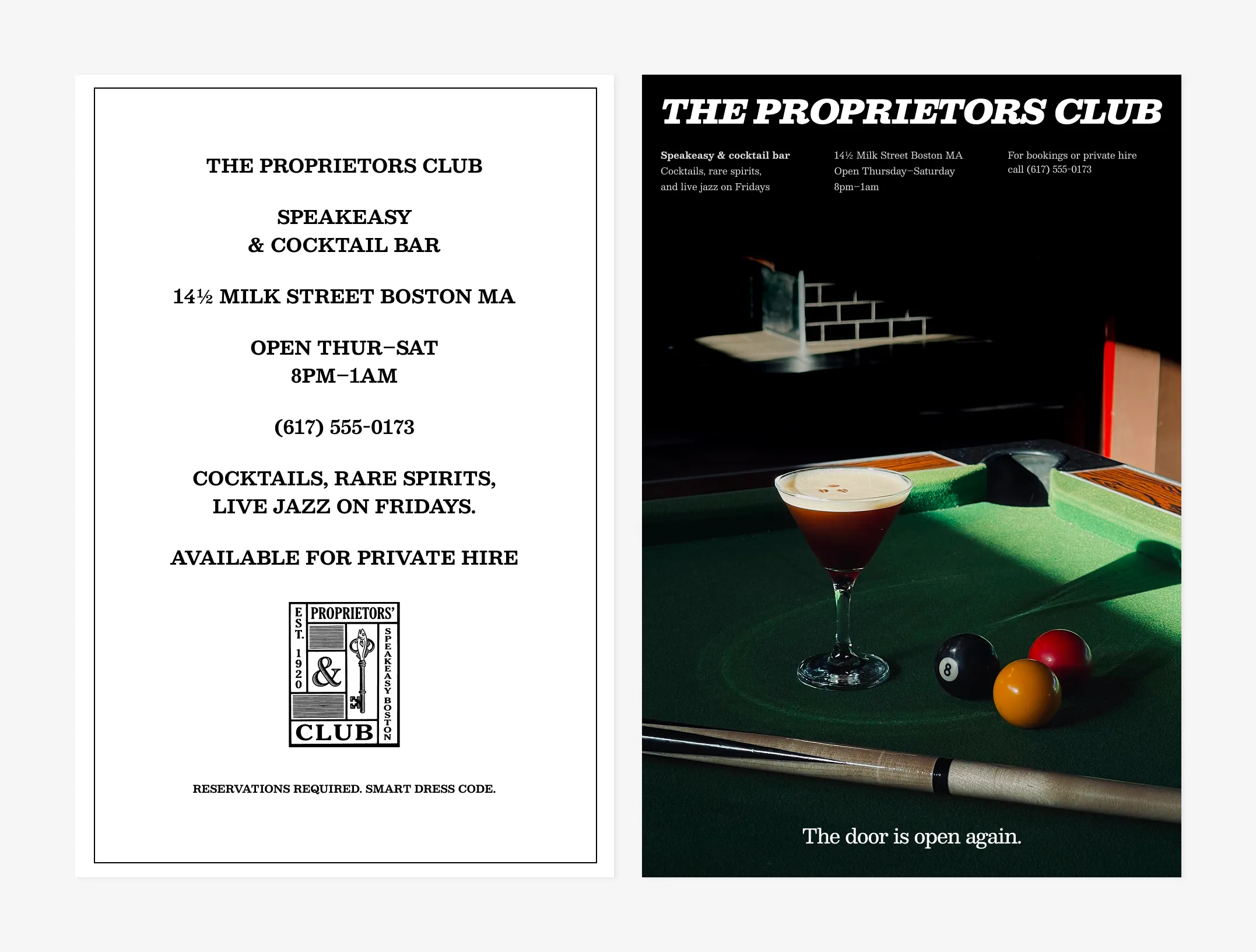 The Proprietors' Club flyer — before and after redesign showing the impact of structure