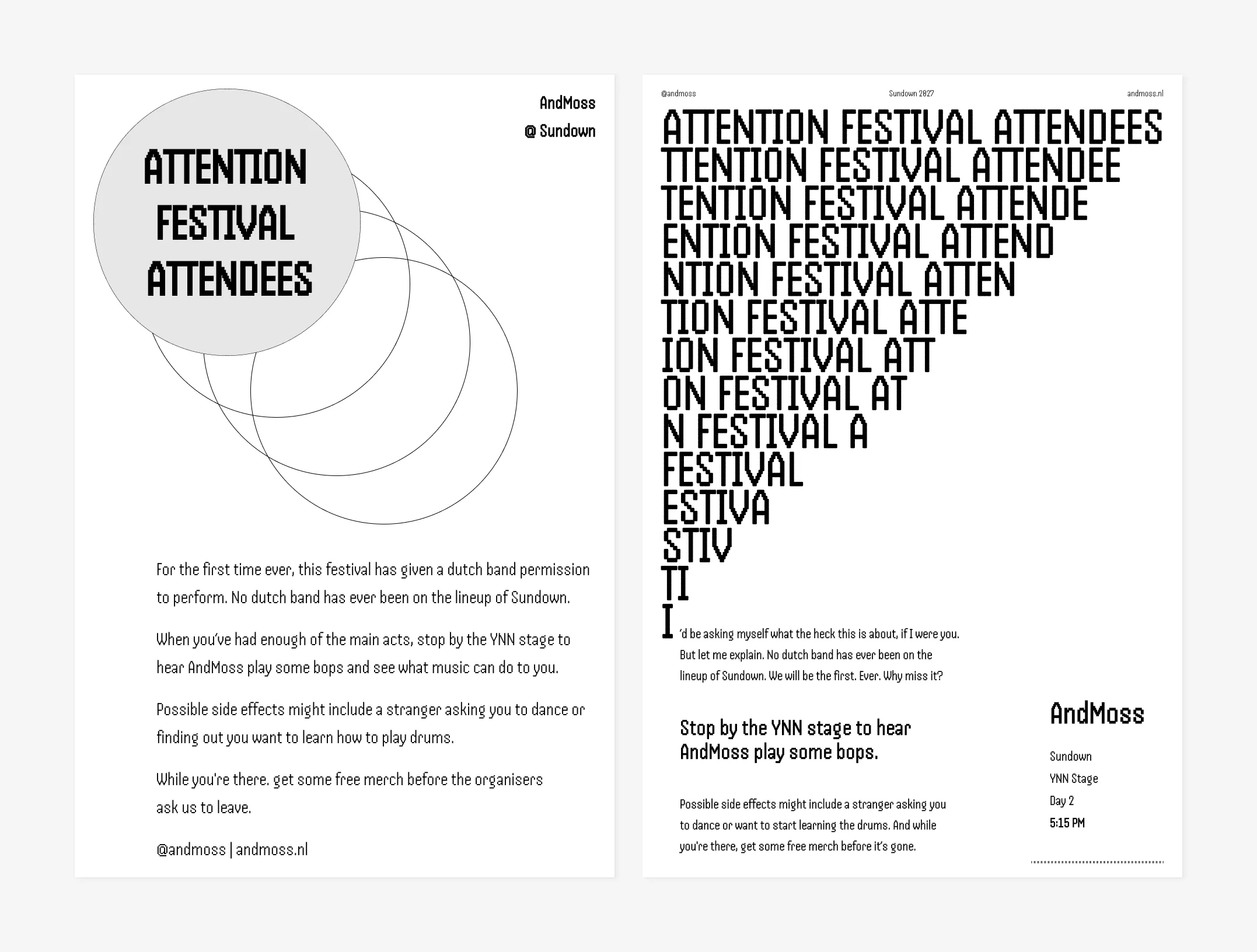 AndMoss festival flyer — before and after redesign showing the impact of intentional white space
