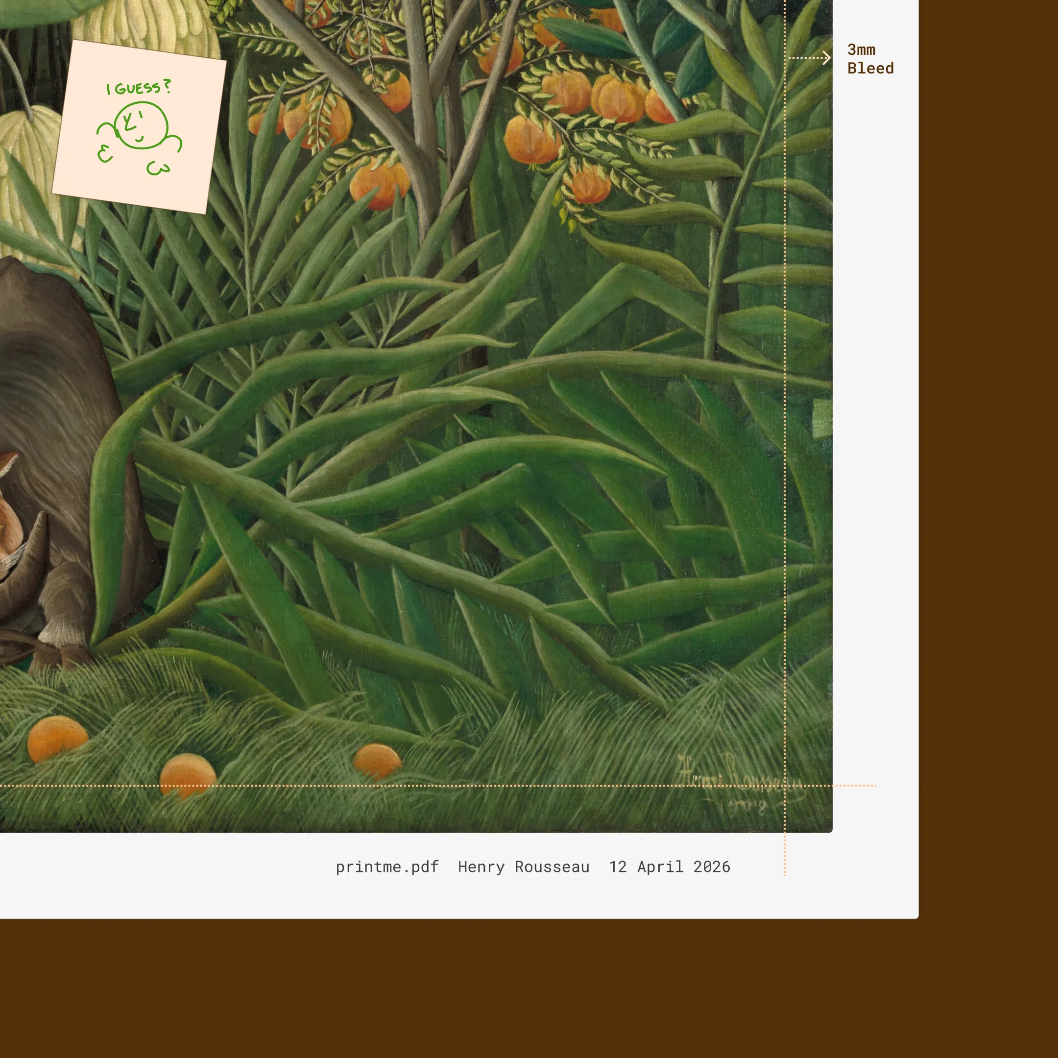 Rousseau painting before bleed — the signature sits right at the page edge