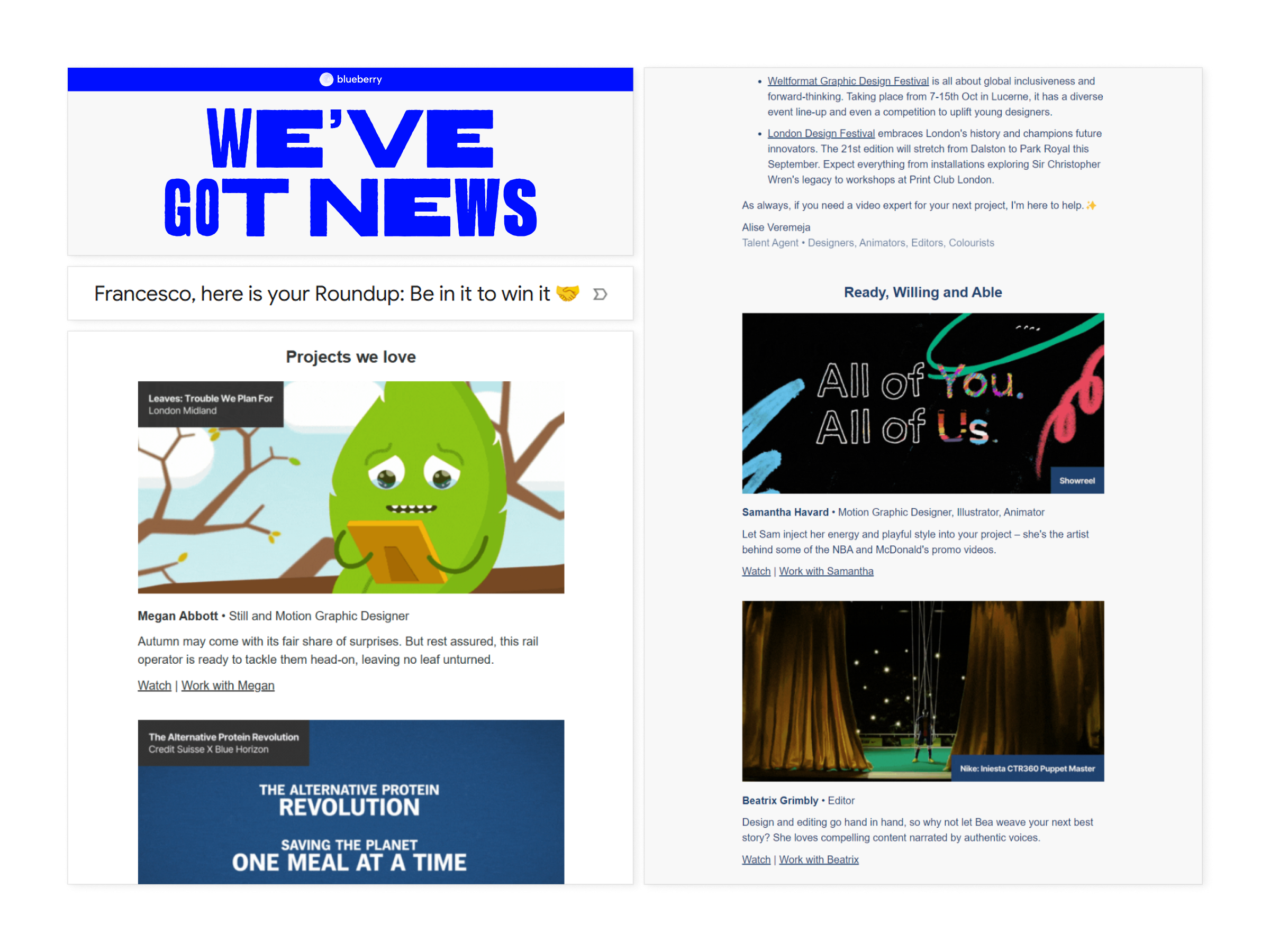 Email subject line and snippets from Blueberry newsletters