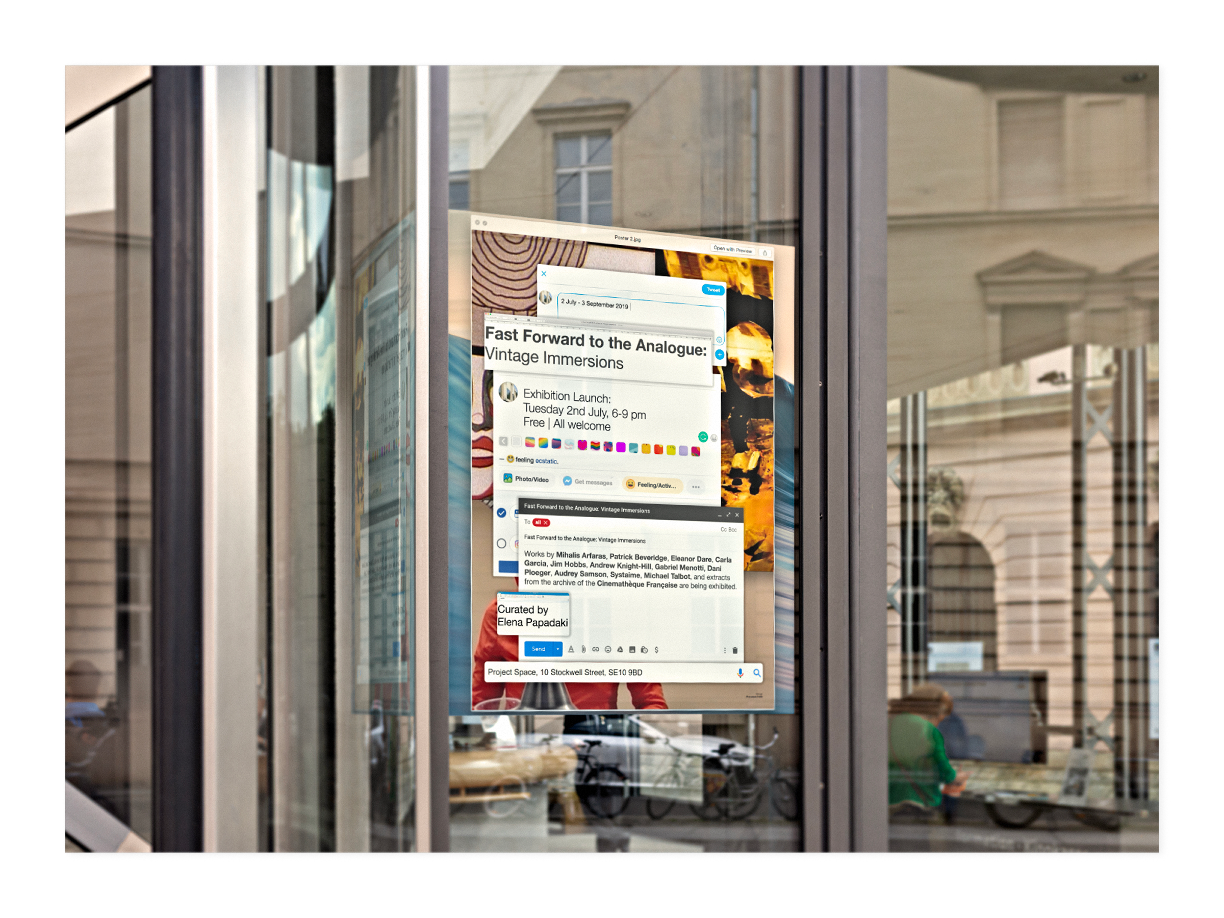 Exhibition poster on the window of the University of Greenwich Gallery