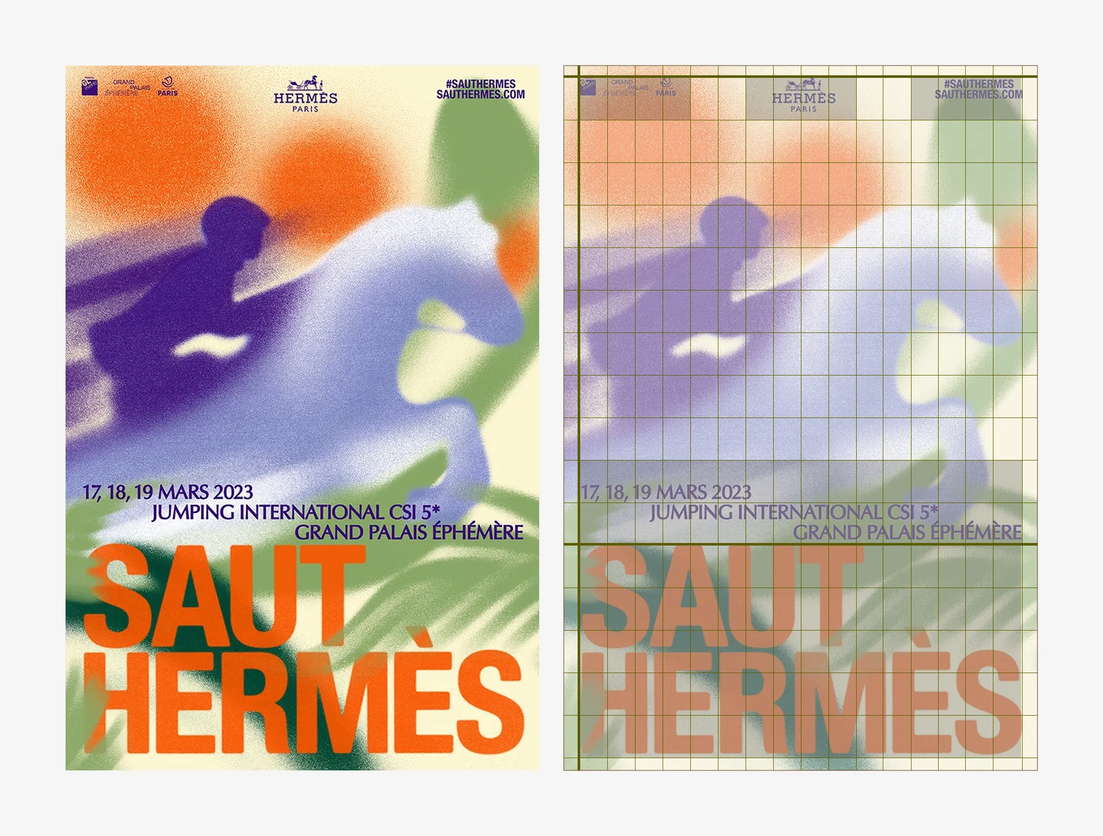 Hermès racecourse poster with grid overlay showing how elements align to invisible lines