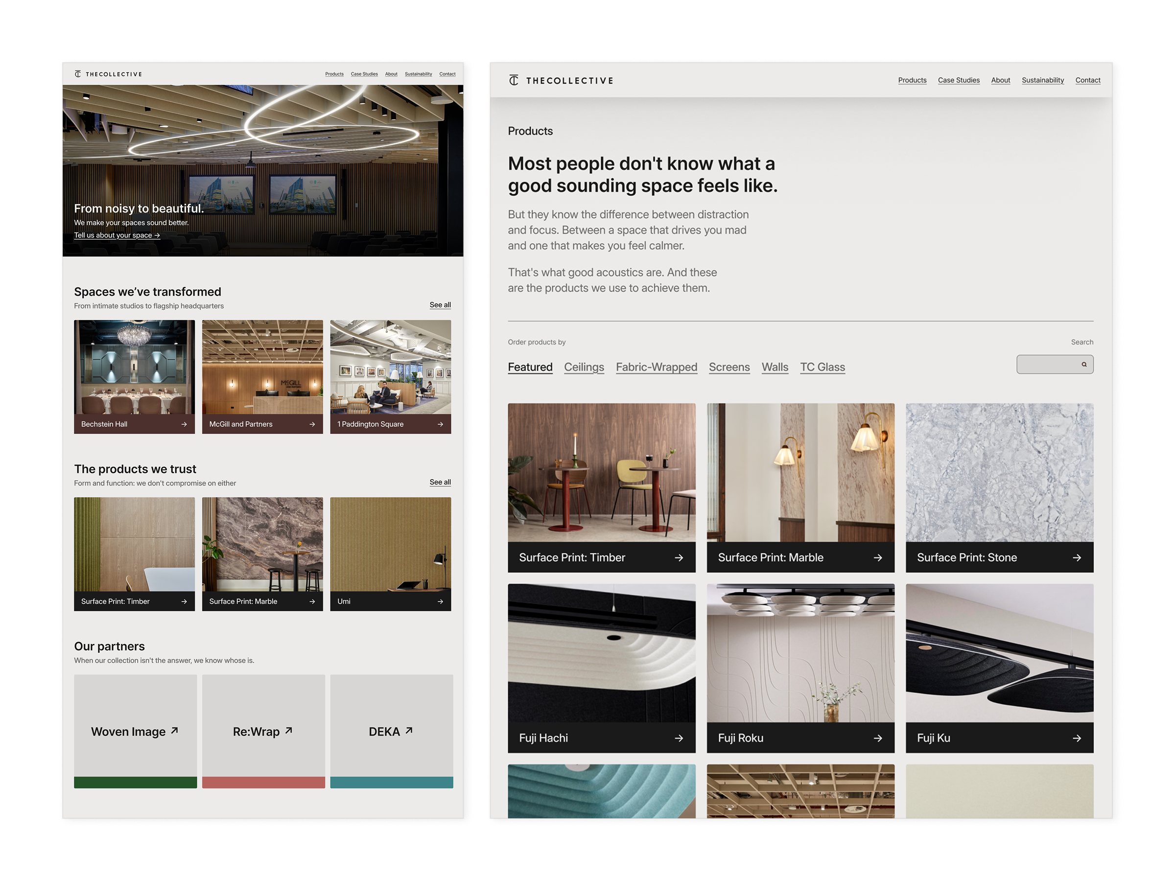Screenshots of the Homepage and Products pages from the first design phase