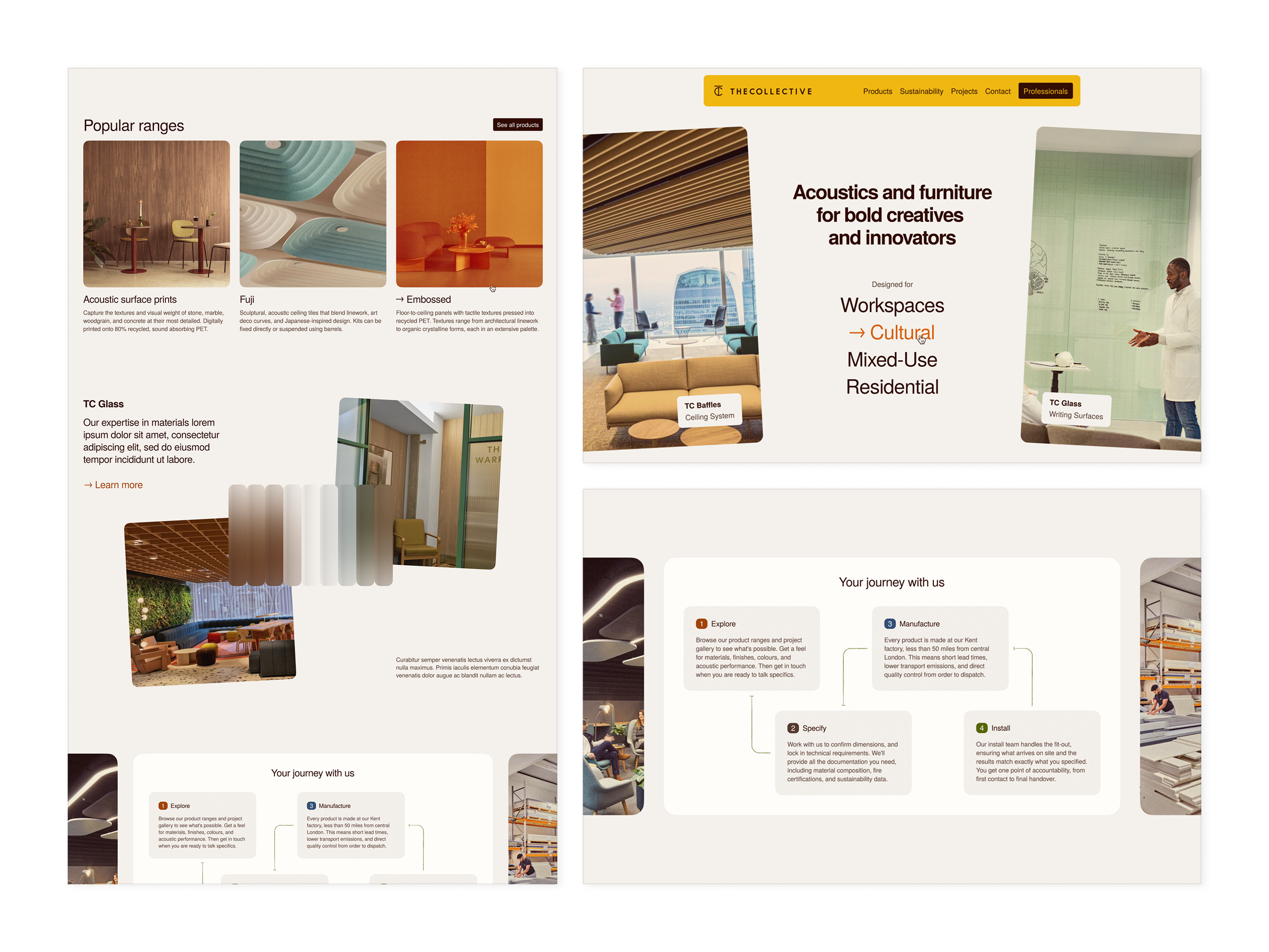 Screnshots of three homepage sections from the final design phase