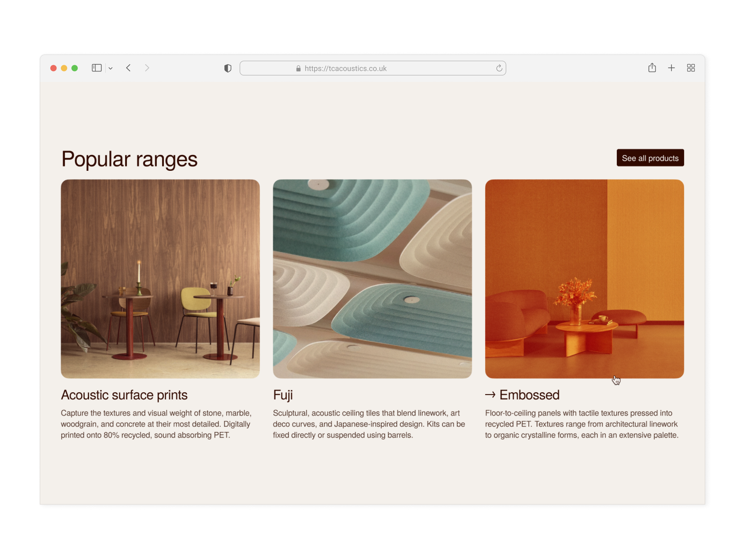 Screenshots of a products range component from the final design phase