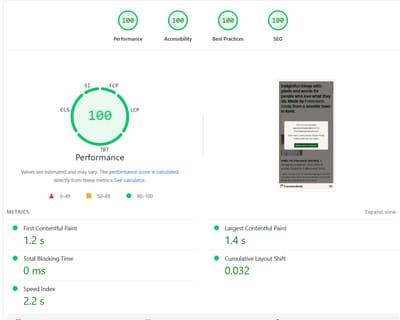 Screenshot of my Page Speed Insights results showing 100% score across all categories