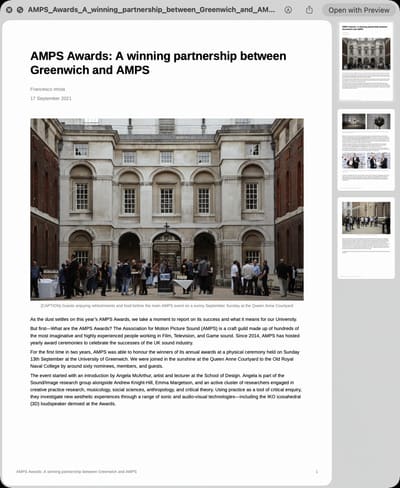 PR article about a the Association for Motion Picture Sound Awards being hosted on campus