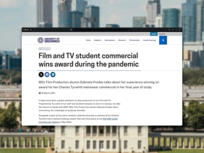 Article on the University of Greenwich website about an MSc student winning an award for her film