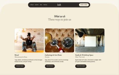 offerings section of The Loft website, showing class listings