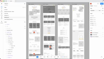 Figma screen with an overview of desktop wireframes for The Loft's website